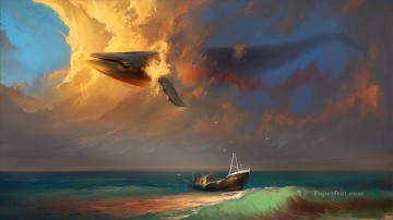  navires Tableau - nuages ​​navires baleines mouettes dans le ciel